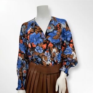 Zara Blue and Brown Floral Blouse